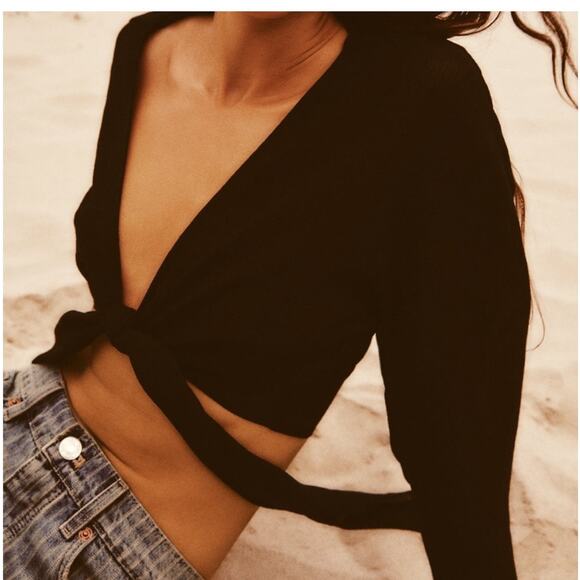 Zara Black Sheer Gauze Long Sleeve Tie Front Crop Top Small V Neck - Picture 2 of 9